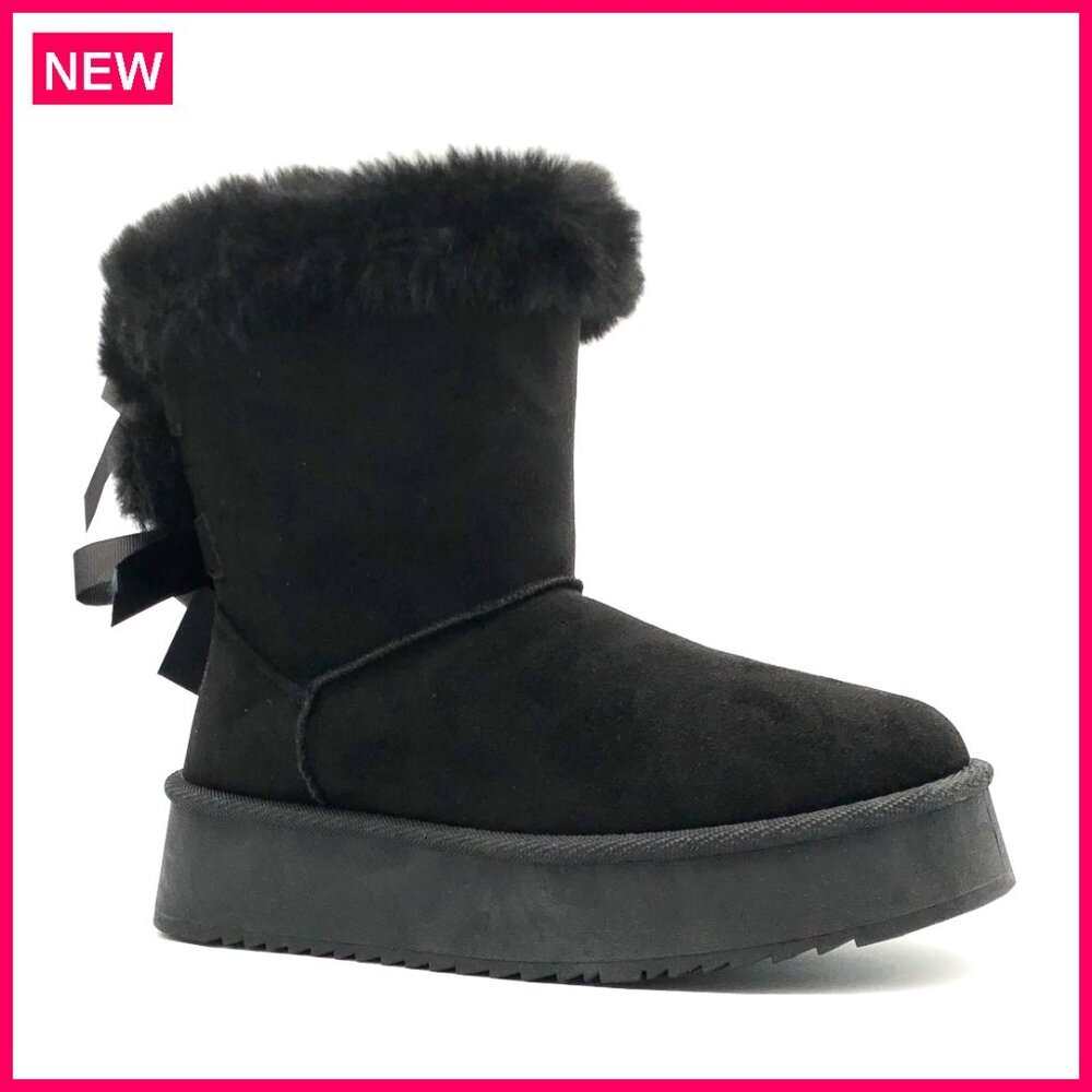 Women's Platform Boots With Faux Fur Lining, Fringe, Butterfly Bow Accent